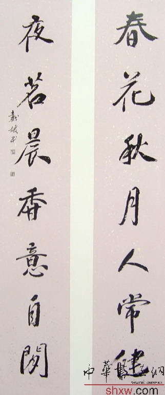 戴媛：行書聯(lián) 春花秋花人常健 夜茗晨香意自閑