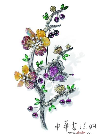 千代設(shè)計(jì) 彩鉆澳珀紅藍(lán)寶石18K烏金胸花兼吊墜