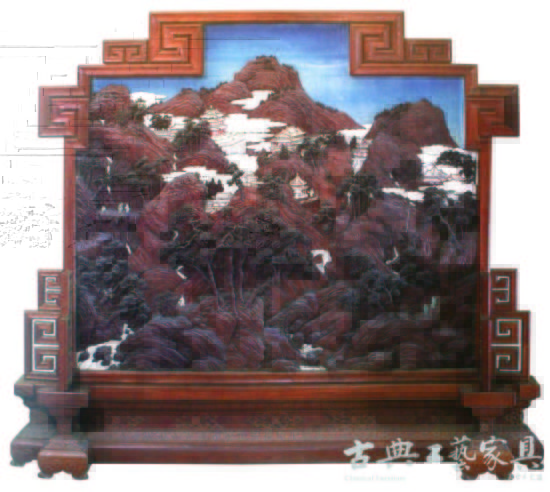 清 黃花黎嵌牙木雕山水屏風(fēng)