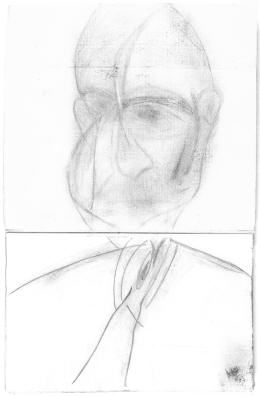 《米歇爾·萊利被折疊過的肖像》，紙上油彩及色粉，34.5cm x 22.5cm，1987。