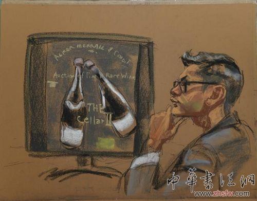 “名酒”收藏家?guī)炷醽喨f（Rudy Kurniawan）所謂的歐洲“魔術酒窖”全是“煙霧和鏡像”。他可能面臨20年監(jiān)禁。圖為被告庫尼亞萬受審情景圖。