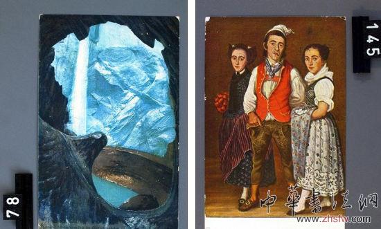 左圖為瑞士冰川遺址洞穴，右圖是2名穿裙裝的女子與一名吸煙的男性。