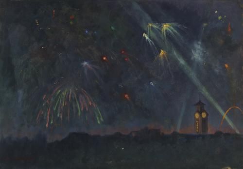 丁光燮《海上煙花》木板油畫