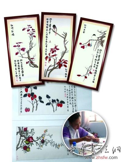 女子用制衣余料巧做布貼畫 臨摹張大千作品