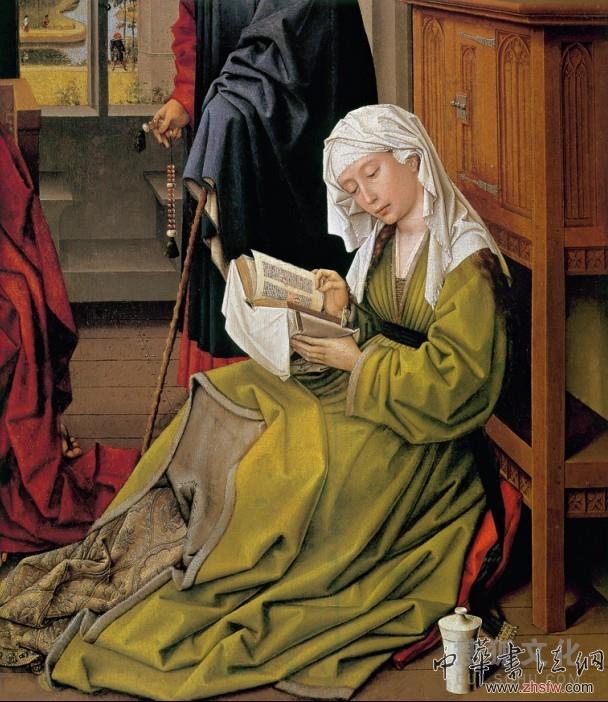 讀書的瑪利亞，圣畫中屢見的題材。和普通的讀書不同，這是一種信仰——瑪利亞明白，她與她兒子的一生事件已經(jīng)在諸經(jīng)書中有所預(yù)言，她就是“智慧”的母親，教化他人的心靈。韋登是早期尼德蘭美術(shù)的偉大巨匠之一，這個地區(qū)的畫家坦率地感應(yīng)周圍的的世界，即使是宗教題材，也充滿世俗的真切感受，例如瑪利亞用布小心地用布包著宗教手抄本，唯恐書受到損害，因為在韋登的時代，書籍是貴重物品，擁有書籍也是一種特權(quán)。她的虔誠表明了歸屬感，當(dāng)然也為了另一個更重要的理由，“圣子基督的形象是一種寫在處女肌膚上的書，由圣父安排，寫在受孕的母親身上，由誕生的宣示而闡明?！保ń芪鳌どw爾里?！吨惺兰o(jì)書的觀念》）