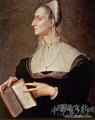 就像我們可以通過霍爾拜因、凡·代克的繪畫了解亨利八世、查爾斯一世的宮廷，布龍吉諾也能夠讓我們看到佛羅倫薩的科西莫宮廷的樣式--16世紀(jì)意大利宮廷中深受歡迎的矯飾主義風(fēng)格。這幅文學(xué)家拉瓦拉·巴提斐利的肖像就相當(dāng)“裝模作樣”，布龍吉諾曾經(jīng)在一首詩歌中形容這位女性朋友“內(nèi)側(cè)是鐵，外側(cè)是冰”，而在畫面中，他卻意味深長(zhǎng)地將之塑造成“側(cè)面是臉，正面是書”，這是為了顯示不凡還是為了揭示辯證？也許，同時(shí)具有文學(xué)天賦的布龍吉諾比其他人更清楚地知道，無論怎樣奇裝異裹，半遮半掩的面孔只是生命的冰山一角，而書與文字，才是安身立命的坦蕩之物。