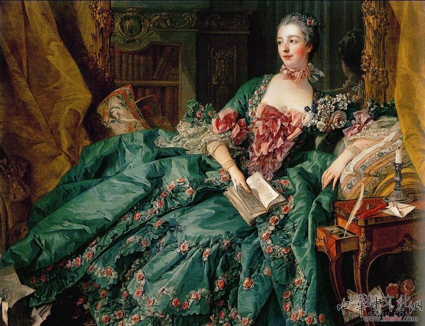 普魯斯特認(rèn)為，讀書(shū)是“需有一種不可褻瀆的孤獨(dú)才能進(jìn)行的活動(dòng)：閱讀，幻想，悲傷與感官的愉悅”，但對(duì)于這幅《蓬皮杜夫人》來(lái)說(shuō)，她的滿足感似乎不在閱讀時(shí)的自閉，反而有一種翹首以待的神情，正為其他什么更向往的事情所牽掛。書(shū)雖然拿在手上，但時(shí)刻準(zhǔn)備滑落--她無(wú)力把握虛幻之詞。也許在那個(gè)年代，“書(shū)”，就是浮華品味的小道具，裝飾奢靡的小花邊，雕刻洛可可時(shí)光的小翻卷，這對(duì)洛可可時(shí)期的宮廷畫(huà)師布歇來(lái)說(shuō)，擺設(shè)這樣的姿態(tài)，不過(guò)是游刃有余的小伎倆。