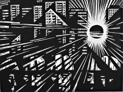 城市的太陽 木版 74×55.5cm 　　李平洋 1991年