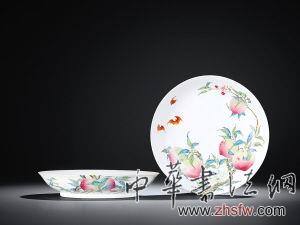 清雍正 御制粉彩過枝福壽雙全盤一對