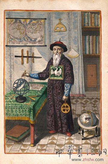 1668年手工上色版畫《湯若望（Johann Adam Schall von Bell）與星盤》