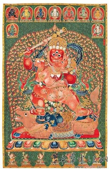 明永樂御制紅閻摩敵刺繡唐卡