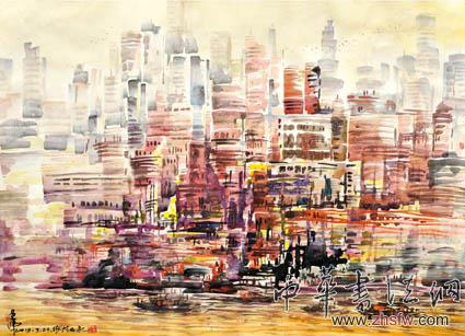 《現(xiàn)代都市》 水彩畫 120cm×90cm