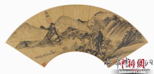 圖為明代中期最著名的畫家、大書法家文徵明金箋扇面《垂釣圖》的