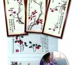 女子用制衣余料巧做布貼畫(huà) 臨摹張大千作品